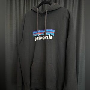 Patagonia Black Hoodie with Blue and Purple Accents